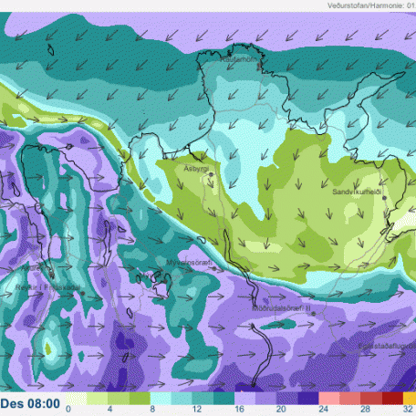 Spá Veðurstofu fyrir veðrið kl. 11:00 í dag.