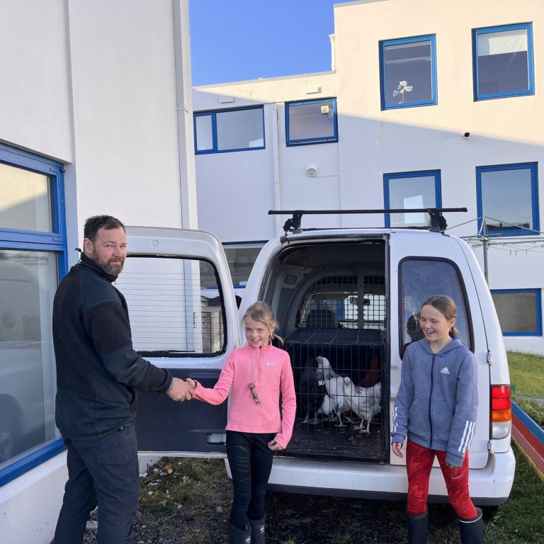 Óli bóndi í Auðbrekku afhendir skólanum hænurnar